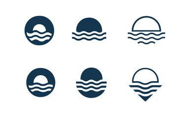 Wall Mural - Open Water Logos. Open Water. Set Logo of Open Water: ocean horizon with sun. harmonious logo variations of the same emblematic concept, each with different