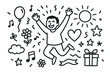 © Svitlana - Joyful Celebratory Doodle. Joy. Hand-drawn doodle illustration Joy person jumping heart smile confetti sun balloon music note flower cloud star ribbon gift.