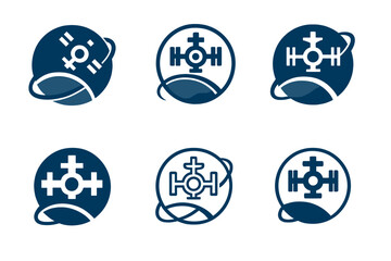 Wall Mural - Space Station Logos. Space Station. Set Logo of Space Station: orbiting structure with Earth background. harmonious logo variations of the same emblematic