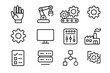 © Coosh448 - Robotic Processes Icons. Robotic processes. Line icon set of Robotic processes: robotic hand, robot arm, conveyor belt, gears, cogwheel, computer monitor,