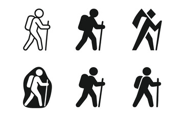 Wall Mural - Settler Logo Variations. Settler. Set Logo of Settler: silhouette of a person with backpack and walking stick. harmonious logo variations of the same