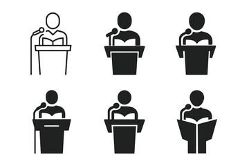 Wall Mural - Diverse Logo Designs. Book launches. Set Logo of Book launches: author on stage with microphone and podium. harmonious logo variations of the same emblematic