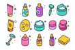 © Sasha - Face Care Essentials. Face Care. Colorful isometric vector icons set of face care: cleanser tube, serum bottle, toner bottle, moisturizer, sunscreen, facial