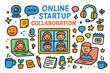 © Svitlana - Startup Collaboration Doodle. Online Startup Collaboration. Colorful Hand-drawn doodle Children illustration laptops, team members, video call, webcams,