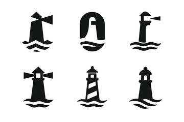 Wall Mural - Lighthouse Logo Variations. Open Water. Set Logo of Open Water: lighthouse on water horizon. harmonious logo variations of the same emblematic concept, each