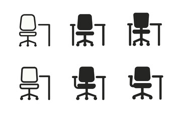 Wall Mural - Logo Variations Grid. Tech startup office space. Set Logo of Startup workspace: modern office chair and desk. harmonious logo variations of the same emblematic