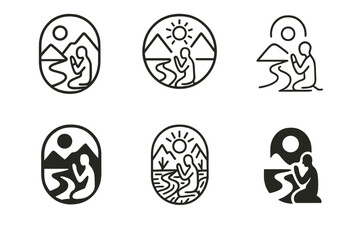 Wall Mural - Spiritual River Logos. Prayer in nature. Set Logo of Spirituality: river with person praying on the bank. harmonious logo variations of the same emblematic