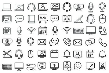 Communication and technology icons set – line, outline, digital, connectivity symbols