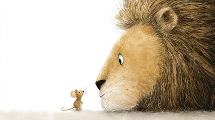 Canvas Print -   A mouse stands beside a lion's head with an opened mouth, resting its head on the ground