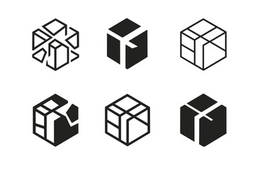 Wall Mural - Fragmented Cube Logos. Reality. Set Logo of Conceptual art: fragmented cube. harmonious logo variations of the same emblematic concept, each with different