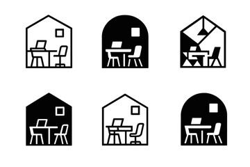 Wall Mural - Startup Logo Variations. Tech startup office space. Set Logo of Startup workspace: open-plan office with desks. harmonious logo variations of the