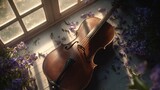 A violin rests on the floor before a window adorned with purple blooms on the sill