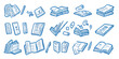 © Perfect Vector - Hand drawn blue line doodle icon set of books open and closed, notebooks, reading materials, writing tools, educational and literature concepts in minimalist style vector illustration