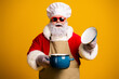 © deagreez - Smiling Santa Claus chef in festive attire holding a pot, expressing joy and humor against a bright yellow backdrop