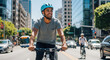 © Ksenia Pestereva - Urban cyclist enjoying ride through city streets with helmet on sunny day, smiling as he navigates bike lane surrounded by cars. Cyclist embodies healthy lifestyle and urban commuting.