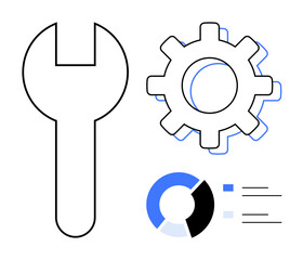 Wall Mural - Wrench, gear, pie chart, and data lines illustrate tools, settings, analytics, repair, and optimization. Ideal for maintenance engineering development technology planning workflow management