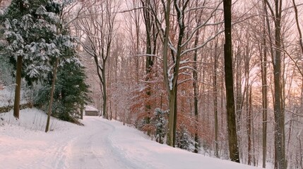 Winter wonderland road through snowy forest tranquil landscape serene environment scenic viewpoint