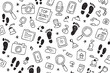© David - Detective pattern with magnifying glasses, cameras, secret files, and footprints. Vector doodle illustration
