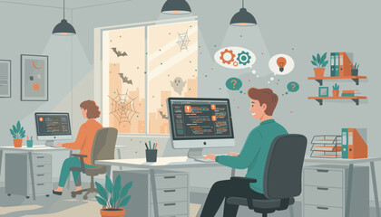 Developers working efficiently in a festive Halloweendecorated office