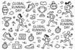 © artefactum - Global running day celebrations: runners, shoes, watches, and medals illustration. Vector doodle illustration