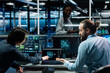 © DC Studio - Teamworking colleagues in data center using AI LLM assistant to do maintenance on equipment rigs. Team of server hub coworkers using large language model chatbot to do backups