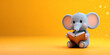 © Golden House Images - Cute elephant calf reading book, joyful expression, vibrant orange background, playful design, cartoon style, adorable