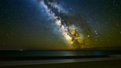 Wall Mural - Majestic Milky Way Galaxy illuminating night sky over tranquil ocean, serene beach landscape featuring countless stars and cosmic dust