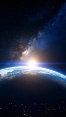 Wall Mural - Earth view from outer space with glowing cities, clouds and sunrise over the planet against a backdrop of stars and the Milky Way