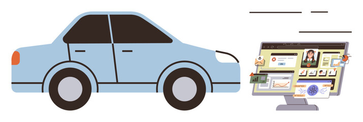 Blue car alongside a desktop screen showcasing car details, charts, and images. Ideal for technology, innovation, automotive, data, monitoring, efficiency connectivity themes and a simple flat