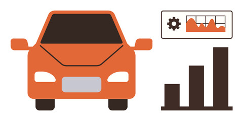 Wall Mural - Orange car alongside a performance analytics graph and bar chart. Ideal for automotive innovation, data analysis, diagnostics, fleet management, smart vehicles, technology integration, simple flat