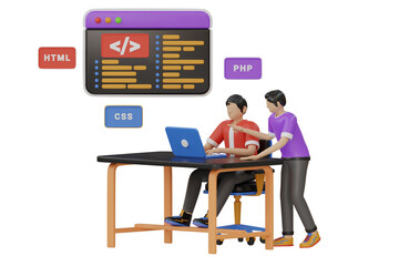 Two Web Developers Collaborating on Code at a Desk with HTML CSS PHP Labels and a Computer Screen Displaying Code Snippets