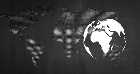 Wall Mural - Displaying 3D globe showing Europe and Africa over grid, with dotted map, particles, copy space