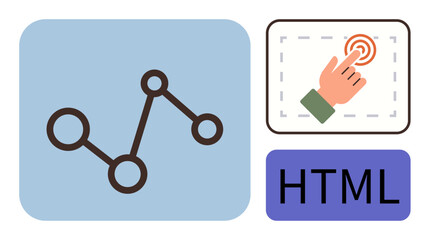 Analytics graph with nodes and connections, a hand clicking on a button, and HTML text. Ideal for web development, coding, analytics, user interaction, technology education, programming simple flat