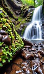 Wall Mural - Lush green moss clinging to smooth, wet stones beside a cascading waterfall, landscape, green, damp