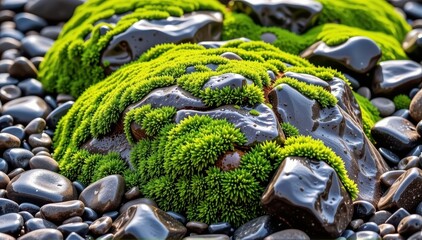 Wall Mural - Vast boulder slick with vibrant emerald moss, glistening with moisture, green, forest floor, ground cover