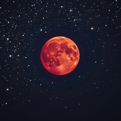 Wall Mural - Crimson lunar orb hangs in a dark, star-speckled expanse, a solitary celestial spectacle, isolated, moon