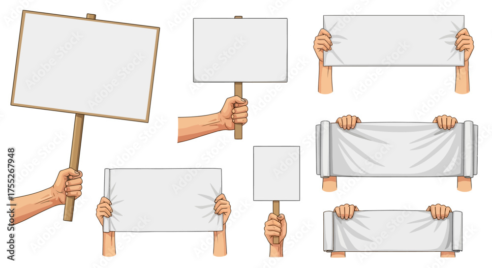 Illustrated human hands holding blank protest signs, empty placards ...
