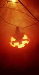 Wall Mural - Scary carved face of a Halloween jack o lantern pumpkin glowing brightly covered orange smoke and haze. Haunted atmosphere around creepy pumpkin in eerie wilderness for spooky Halloween background.