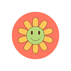 Wall Mural - Groovy y2k sticker with a happy smiley flower cartoon in yellow and pink forms a playful graphic accent. Groovy element ideal for package seal, fun retro style and vintage mood for any design.