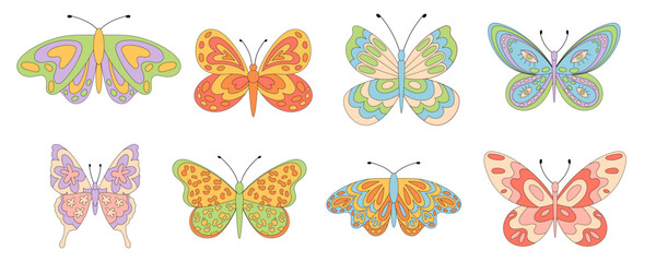 Wall Mural - Groovy retro butterfly set in flat style, colorful and cute graphic. Funky y2k butterfly collection with groovy element, retro shapes and vibrant flat look. Modern, trendy perfect for playful