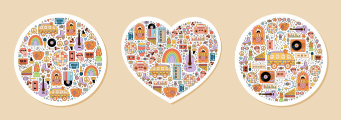 Wall Mural - Groovy retro sticker set in cartoon graphic style with heart, circle, rainbow, colorful flower and guitar patch shapes. Music and y2k background, party vibe, bright fun for playful creative use.