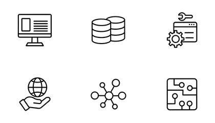 Technology, Data, and Network Line Icon Set: Modern Vector Symbols for Computing, Database Management, Global Services, Web Development, and Digital Infrastructure