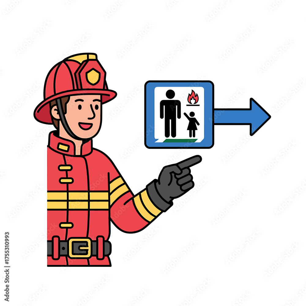 Firefighter Stop Sign Firefighter points to a fire escape sign with a family and a ...