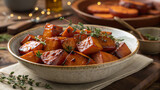 Fall dinner party thanksgiving gathering holiday roasted sweet potato cubes glazed with herbs and spices plated for cozy family gathering with