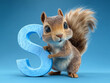 © Golden House Images - Cute squirrel holding bright blue letter S, showcasing playful and friendly expression against vibrant background