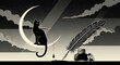 © Abdul - Black cat moon quill inkwell night sky stars clouds feline writing fantasy monochrome artwork art