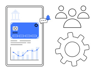 Wall Mural - Mobile banking screen with analytics, notification icon, gear, and team icons. Ideal for fintech, finance, teamwork, digital transformation banking tools business operations and innovation. A