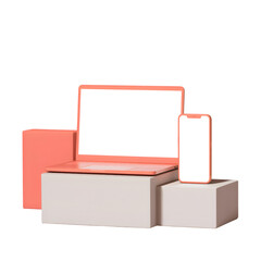 Stylish laptop and smartphone mockup on display stands for product presentation on transparent background