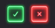 © Likanaris - Neon checkmark icons, glowing check buttons, glossy glass signs. Tick and cross symbols to select correct or wrong options from the list. Vector illustration.
