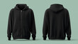 © K.V - Plain black zip up hoodie mockup with front and back views on light green background, showcasing design simplicity and casual style. Ideal for fashion presentations or branding